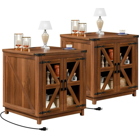 VITESSE Farmhouse End Table, 24" Large Wood Square Nightstand with Doors, Sofa Side Table Set of 2 with Charging Station Modern Nightstand Storage Cabinet for Living Room, Bedroom, Entryway (Brown)