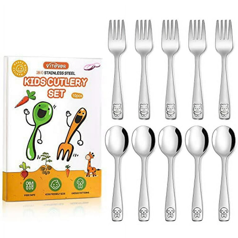 VITEVER 10-Piece Toddler Utensils, Kids Stainless Steel Silverware Set,  Children Safe Forks and Spoons - Mirror Polished, Dishwasher Safe