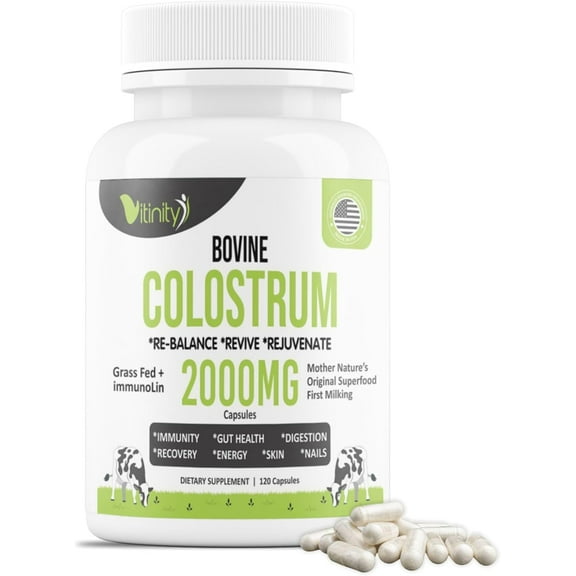 VITINITY Grass-Fed Bovine Colostrum Capsule IgG Colostrum Supplement with Prebiotics & Probiotics for Gut Health, Immune Support, Muscle Recovery & Wellness | Pure Superfood, Unflavored (120 Count)