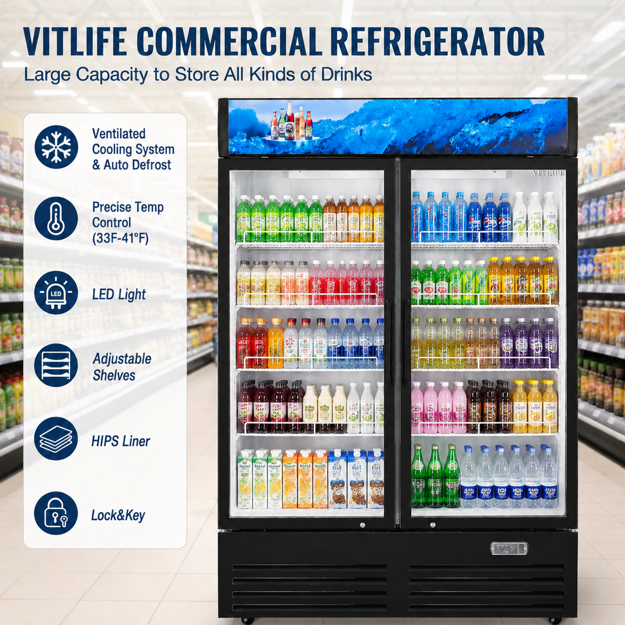 VITLIFE 26 Cu.Ft. Commercial Merchandiser Refrigerator, 2 Glass Door Display Refrigerator with Adjustable Shelves, LED Light and Canopy, Auto Defrost, ETL Listed
