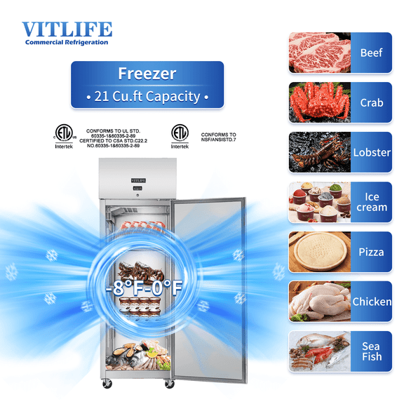 VITLIFE 27’’W Commercial Reach-in Freezer, 1 Solid Door, Auto-Defrost, 21cu.ft. Top Mounted,Stainless Steel Upright Freezer for Restaurant, Bar, Shop, -8°F to 0°F