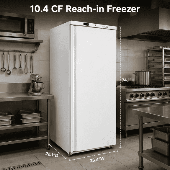 VITLIFE Commercial Reach-in Freezer, Reversible Door,-8°F to 0°F, Frost Free, LED, Lockable, Adjustable Shelves, 10.4 Cu.ft., Upright Ventilated Freezer for Restaurants/Cafes/Bars