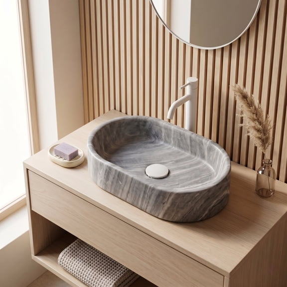 VITRA Gray Marble Vessel Sink - Oval Natural Stone Bathroom Sink, 23.6"x15.7"x5.9", Hand-Carved, American Design