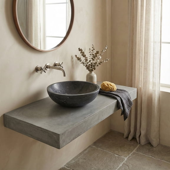 VITRA Marble Vessel Sink - 15.7" Round, Matte Dark Gray Stone Basin, Solid Carved, Above Counter Vanity Bowl for Bathroom - 40cm