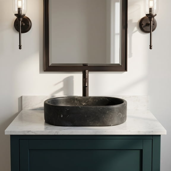 VITRA Marble Vessel Sink - 23.6" Oval Dark Gray Stone Bathroom Basin, Solid Carved, Matte Finish, Above Counter Vanity Bowl