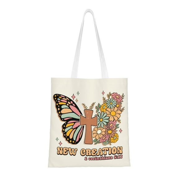 VIVACITE Christian Tote Bags for Women Vintage Canvas Tote Bag for Women Bible Tote Bags for Women Christian Gifts for Women Faith Bible Bag Church Bags for Women with Bible Verse 2 Corinthians 5:17