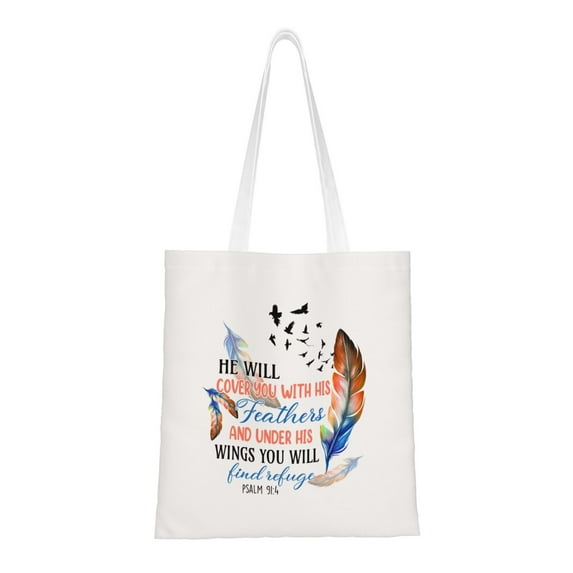 VIVACITE Christian Tote Bags for Women Vintage Canvas Tote Bag for Women Bible Tote Bags for Women Christian Gifts for Women Faith Bible Carrier Church Bags for Women with Bible Verse Psalm 91:4