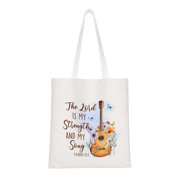 VIVACITE Christian Tote Bags for Women Vintage Canvas Tote Bag for Women Bible Tote Bags for Women Christian Gifts for Women Faith Bible Carrier Church Bags for Women with Bible Verse Exodus 15:2