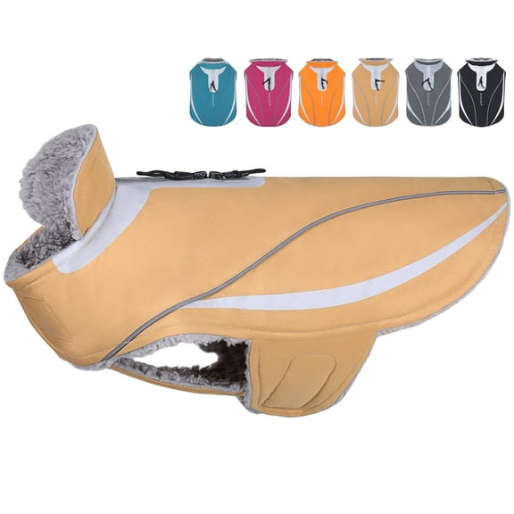 VIVAGLORY Dog Coat, Dog Jacket for Winter & Cold Weather, Fleece Vest with Velcro Fastening & Leash Hole, Warm Fleece Lined Water Resistant Reflective For Puppy, M+, Khaki