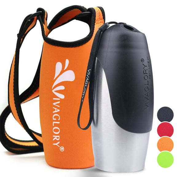 VIVAGLORY Dog Water Bottle & Bottle Holder With Strap Combo for Travel & Walking, Carrier With Adjustable Shoulder Strap, Portable & Stainless Steel for Pet Puppy, 25oz, Orange