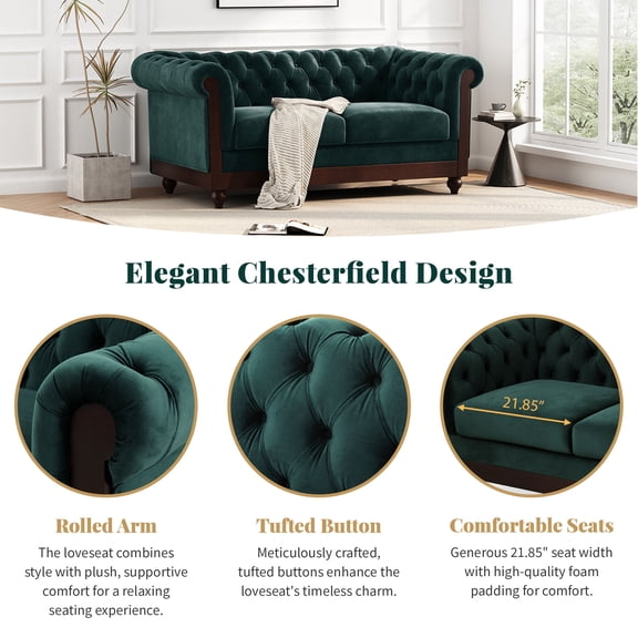 VIVALUX 59.44" Chesterfield Velvet Loveseat Sofa,2-Person Rolled Arm Dutch Plush Upholstered Sofa Couch with Tufted Button for Living Room, Bedroom, Small Places,Forest Green