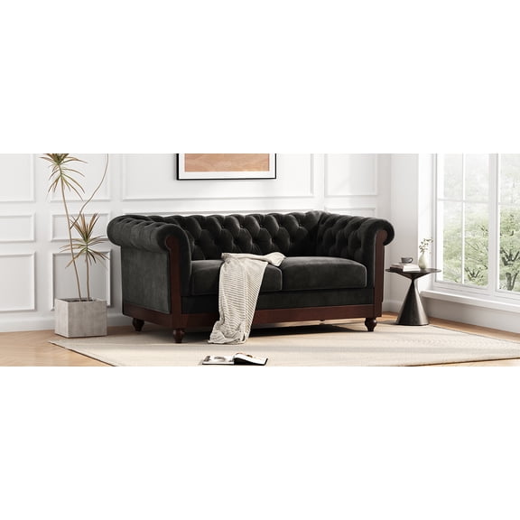 VIVALUX 59.44" Chesterfield Velvet Loveseat Sofa - 2-Person Rolled Arm Tufted Couch for Living Room, Bedroom, Small Spaces, Black