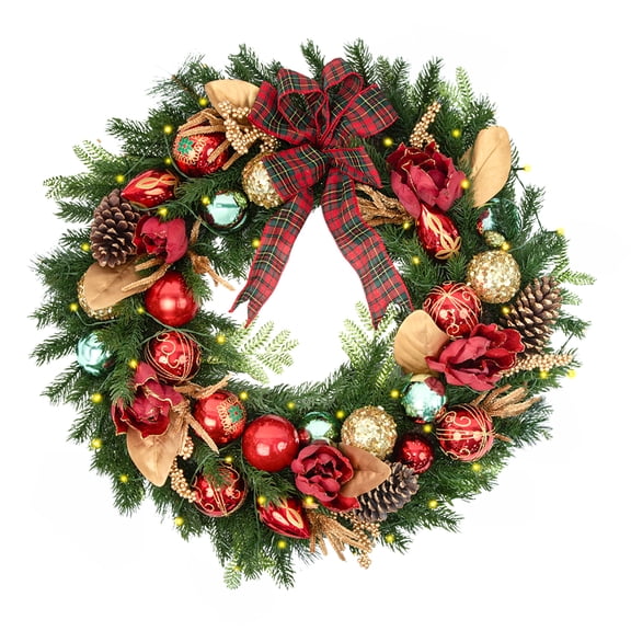 VIVATREES 28in Pre Lit Artificial Christmas Wreath Battery Operated X-mas Wreaths Timer Lights 50 Warm White LED PE PVC Tips Decor Wall Window Party