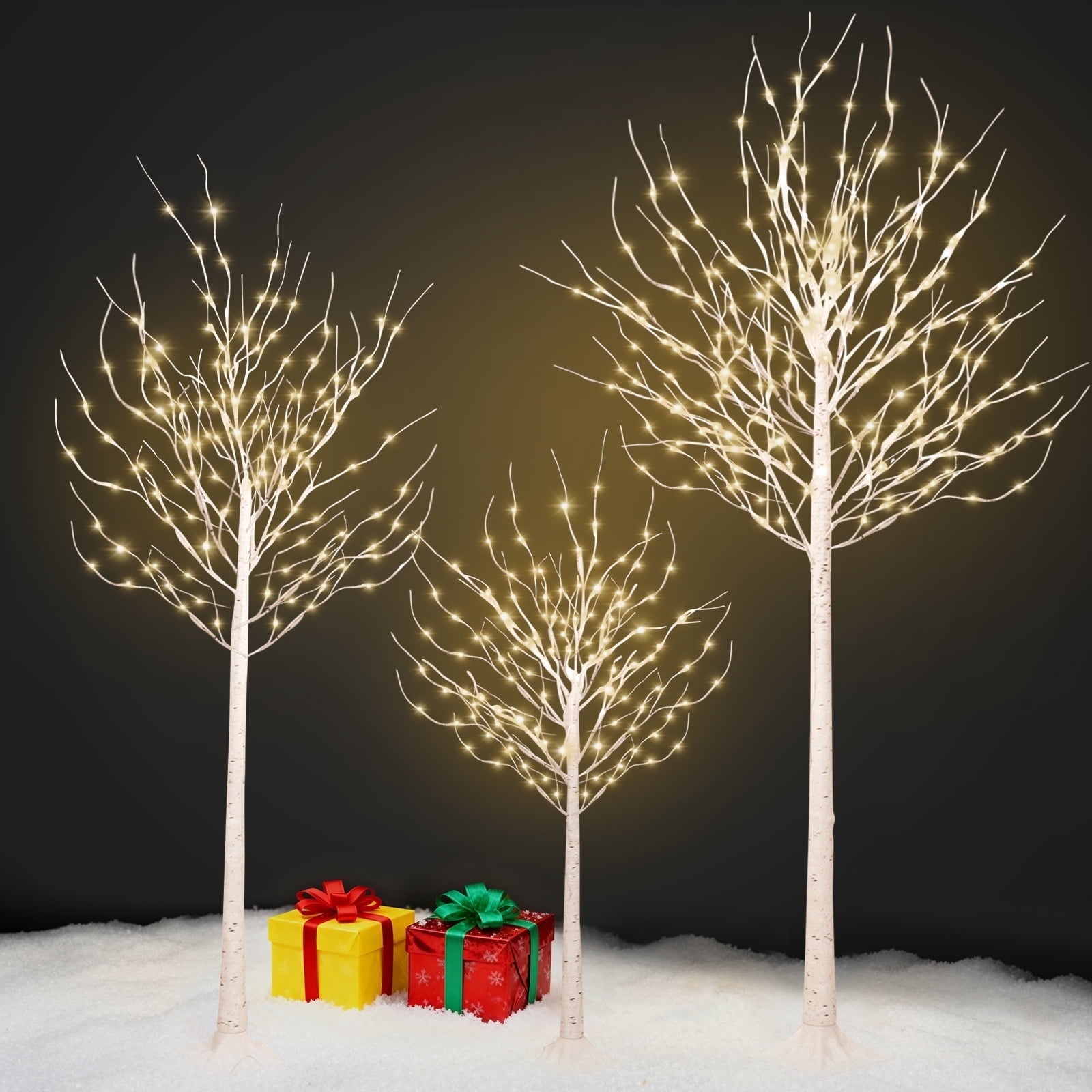 Hykolity 4ft & 6ft & 8ft LED Birch Tree Set, with Warm White Lights for Outdoor Indoor Christmas & Wedding Decor (3 Sizes Pack)