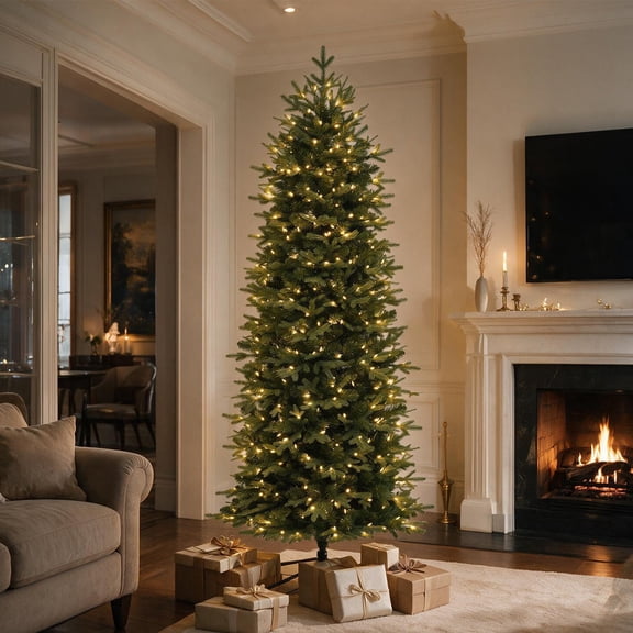 VIVATREES 6ft Pre-lit Slim Artificial Christmas Tree Hinged Mixed PVC PE Branch Tips Warm White LED Lights Foldable Base