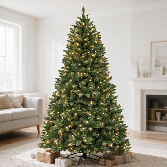 VIVATREES 6ft Pre-Lit Artificial Christmas Tree, 250 Warm White LED Lights, 1032 Hinged Branch Tips, Green Spruce Tree with Foldable Metal Stand