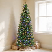 VIVATREES 6ft Pre-Lit Slim Artificial Christmas Tree with 200 LED Lights, 10 Color Changing Modes, 544 Tips, Hinged Branches, Metal Stand