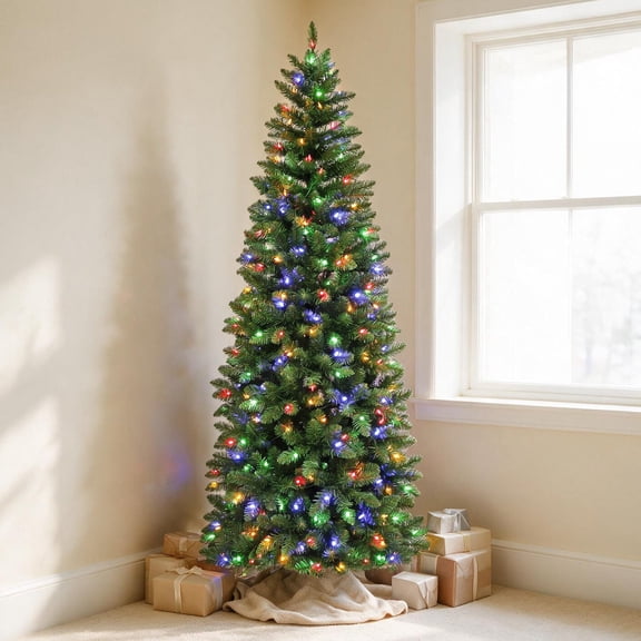 VIVATREES 6ft Pre-Lit Slim Artificial Christmas Tree with 200 LED Lights, 10 Color Changing Modes, 544 Tips, Hinged Branches, Metal Stand