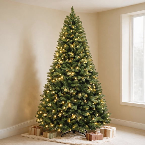 VIVATREES 6ft Pre-lit Artificial Christmas Tree 760 Hinged Branch Tips with 230 LED White Warm Lights Foldable Metal Base