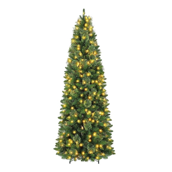 VIVATREES 6ft Pre-lit Slim Artificial Christmas Tree 544 Hinged Branch Tips Pine Needle Spruce w/ 200 Warm White LED Lights Foldable Base