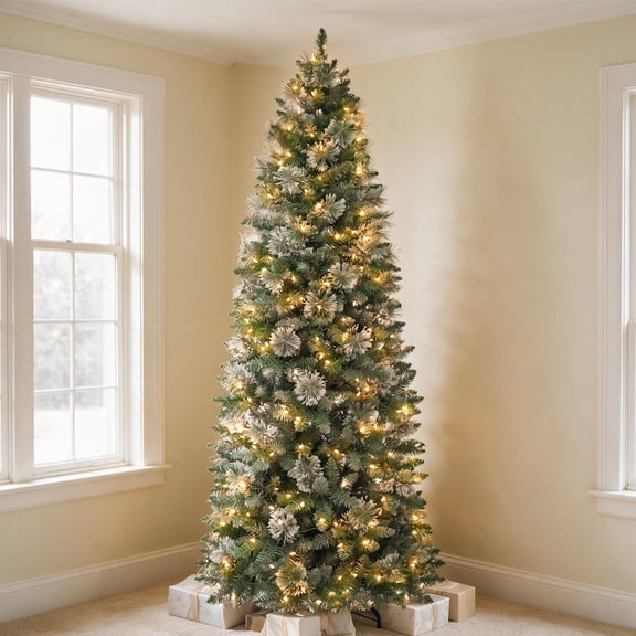 VIVATREES 6ft Pre-lit Slim Artificial Christmas Tree 513 Hinged Branch Tips Pine Needle Spruce w/ 200 Warm White LED Lights Foldable Base