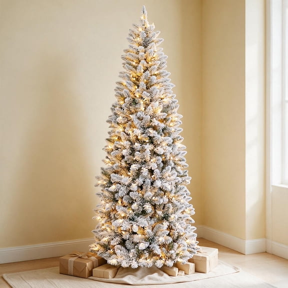 VIVATREES 6ft Slim Christmas Tree with 200 Multi-Color LEDs, Flocked Artificial Spruce with 10 Light Modes, 544 Branch Tips and Metal Base