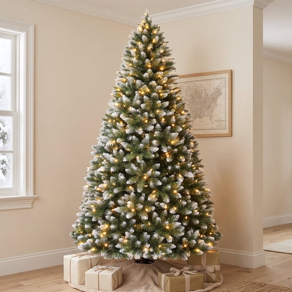 VIVATREES 7.5 ft Pre-Lit Flocked Artificial Christmas Tree, 1446 Hinged Frosted Tips, Spruce Style, 350 Warm White LED Lights, Foldable Stand