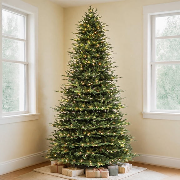 VIVATREES 7.5ft Pre-lit Artificial Christmas Tree Frasier Fir w/ 3325 PVC PE Hinged Branch Tips 450 Multi Color LED Lights Foldable Base