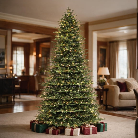 VIVATREES 7.5ft Pre-lit Artificial Christmas Tree Frasier Fir w/ 3325 PVC PE Hinged Branch Tips 450 Warm White LED Lights Foldable Base