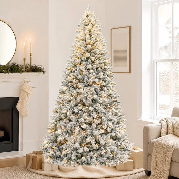 VIVATREES 7.5ft Pre-lit Flocked Artificial Christmas Tree 1446 Dense Hinged Branch Tips 450 Warm White LED Lights Foldable Metal Base Stand Xmas Decor