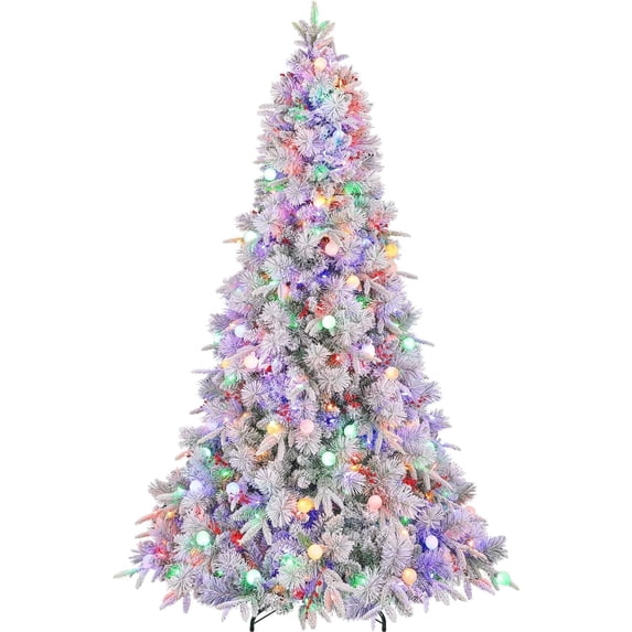 VIVATREES 7.5ft Pre-lit Flocked Artificial Christmas Tree 1608 Hinged Mixed PVC PE Branch Tips Spruce w/ 450 Color-Changing LED Lights Foldable Base