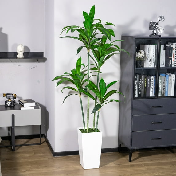 VIVATREES 7FT Dracaena Artificial Tree with White Planter, Indoor Faux Floor Plant with Natural Wood Trunk and Realistic Green Leaves, No-Maintenance Decorative Tree for Home Office Living Room Decor