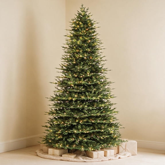VIVATREES 9ft Pre-lit Artificial Christmas Tree 5179 Hinged Mixed PVC PE Branch Tips Spruce w/ 600 Warm White LED Lights Foldable Base
