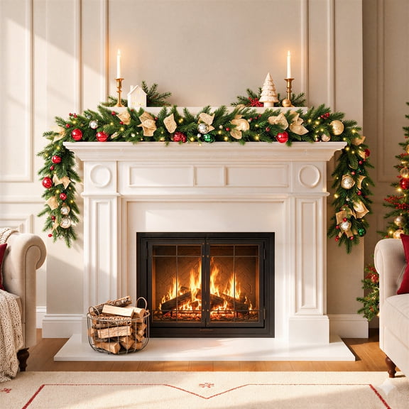 VIVATREES Pre-Lit Christmas Garland 9ft Artificial Indoor Outdoor Battery Operated White LED Lights For Mantel Front Door Stair Railing Xmas Decor