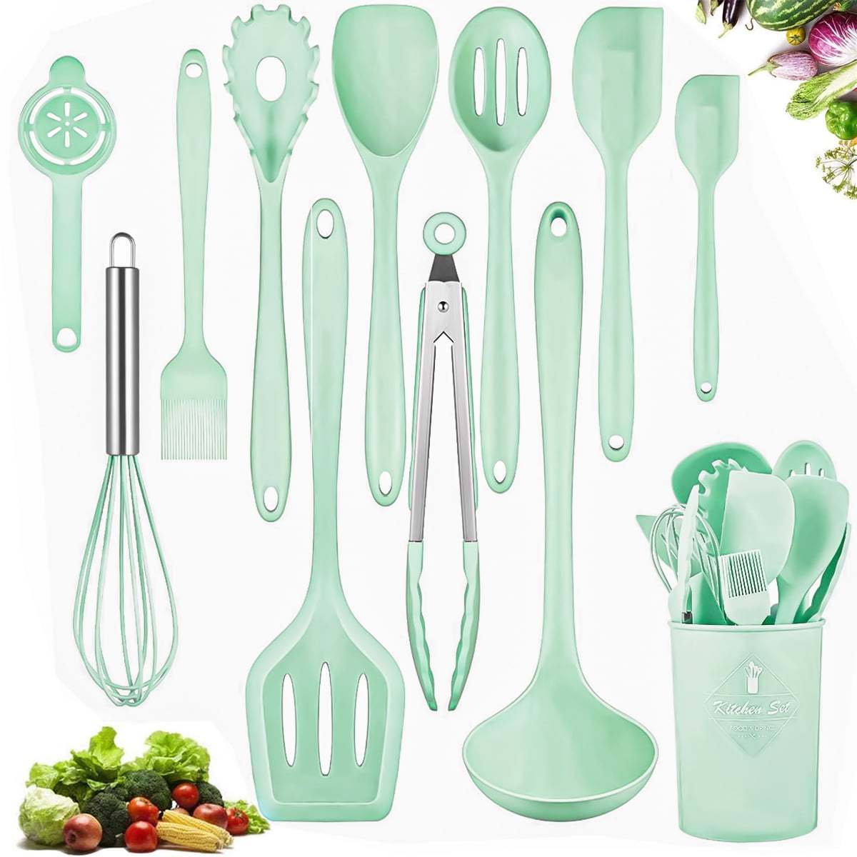 12-Piece Green Silicone Kitchen Utensil Set with Holder