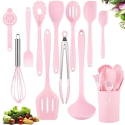 VIVAYO 12 Pcs Silicone Kitchen Utensil Set, Kitchen Cooking Spatula Sets with Holder for Cookware Heat Resistant Spoons, Turners,Tongs, Whisk, Basting Brush, Pink