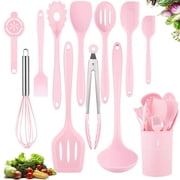VIVAYO 12 Pcs Silicone Kitchen Utensil Set, Kitchen Cooking Spatula Sets with Holder for Cookware Heat Resistant Spoons, Turners,Tongs, Whisk, Basting Brush, Pink