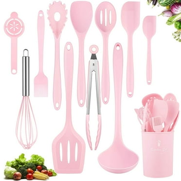 VIVAYO 12 Pcs Silicone Kitchen Utensil Set, Kitchen Cooking Spatula Sets with Holder for Cookware Heat Resistant Spoons, Turners,Tongs, Whisk, Basting Brush, Pink