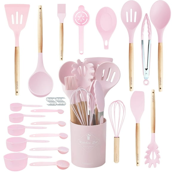 VIVAYO Kitchen Utensils Set, 32 Pcs Non-Stick Silicone Cooking Utensil Spatula Set with Holder, Wooden Handle Heat Resistance Silicon Kitchen Set with Ladle Whisk, Tongs, Measuring Cups, Spoons, Pink