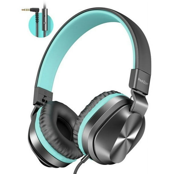 VIVEFOX Over-Ear Wired Headphones with Built-in Mic, Comfortable Leather Earphones for Phone Computer MP3 Smartphones Laptop PC(Black Green)