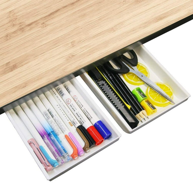 Vive Comb Vivefox 2-Pack Hidden Under Table Desk Drawer Storage Organizer, Self-Adhesive Under Office Desktop Pencil Tray Drawer Under Table Storage, Size