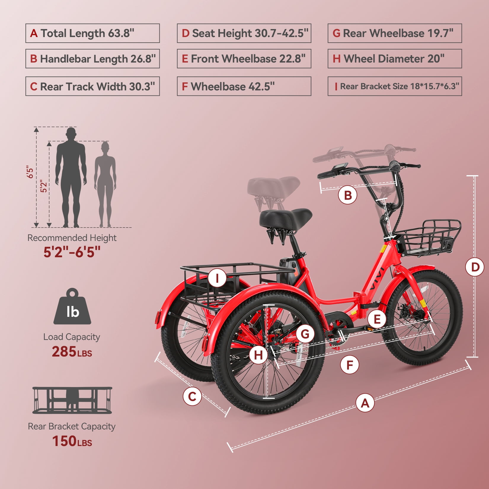 VIVI Electric Tricycle, Peak 750W Brushless Motor Folding Trike Ebike for adults, 20" Aluminum Folding Tire 3 Wheels Electric Trike, 48V 499Wh Removable Battery, Max speed 15.5MPH, UL2849