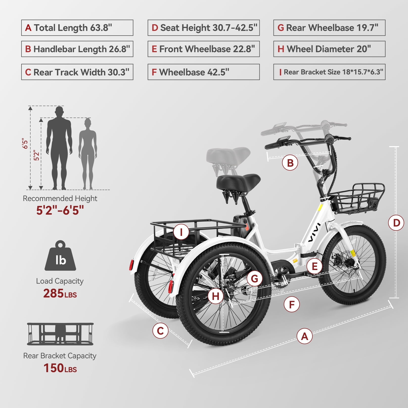 VIVI Electric Tricycle, Peak 750W Brushless Motor Folding Trike Ebike for adults, 20" Aluminum Folding Tire 3 Wheels Electric Trike, 48V 499Wh Removable Battery, Max speed 15.5MPH, UL2849