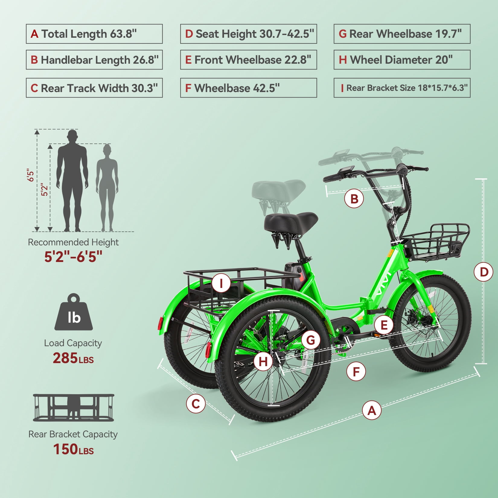 VIVI Electric Tricycle, Peak 750W Brushless Motor Folding Trike Ebike for adults, 20" Aluminum Folding Tire 3 Wheels Electric Trike, 48V 499Wh Removable Battery, Max speed 15.5MPH, UL2849