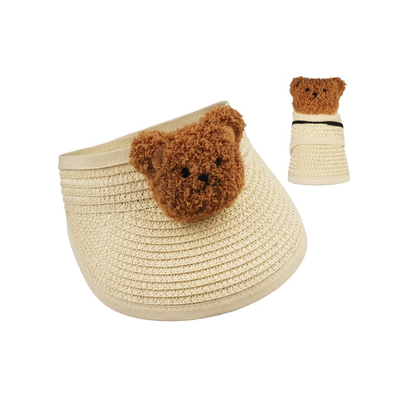 VIVIAN & VINCENT Boy's Girl's Wide Brim Sun Hats Straw Visor Summer Beach Hat for Kids Baby Toddler with Bear Beige 1-6yo