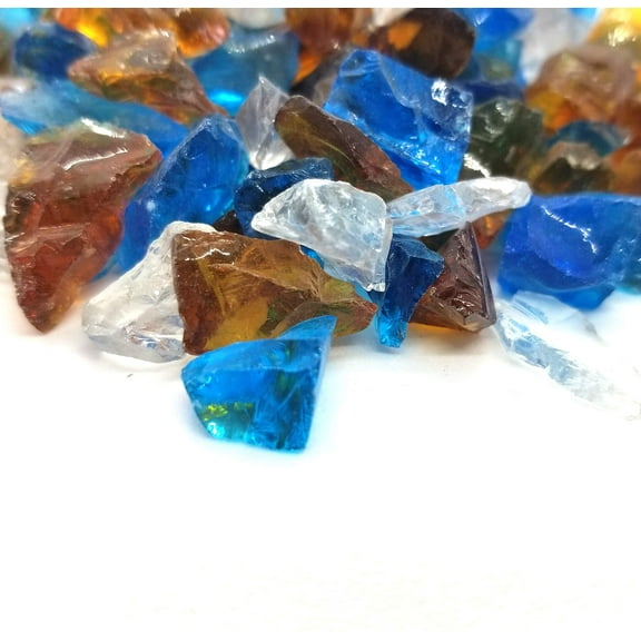 VIVID Heat (5-POUNDS) Amber, Clear & Blue - Premium Indoor & Outdoor Crushed Fire Glass Rock Large 1/2, 3/4 & 1" inch Chunky Size - Glass For Use in Gas Fire Pit, Fireplace (Pacific Blend)