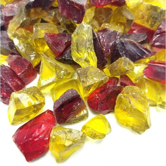 VIVID Heat (5-POUNDS) Red & Yellow Blend Premium Indoor & Outdoor Crushed Fire Glass Rock Large 1/2, 3/4 & 1" inch Chunky Size - Glass For Use in Gas Fire Pit, Fireplace, Fire Table Etc. (Red Blend)