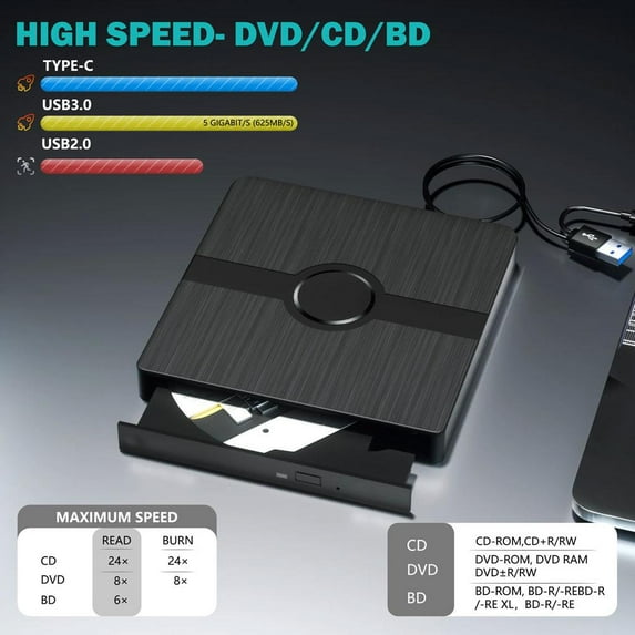VIVIDCRAFT Black Usb External Optical Drive Dvd Burner 3.0 Type-C Mobile Optical Drive External Computer Universal Desktop