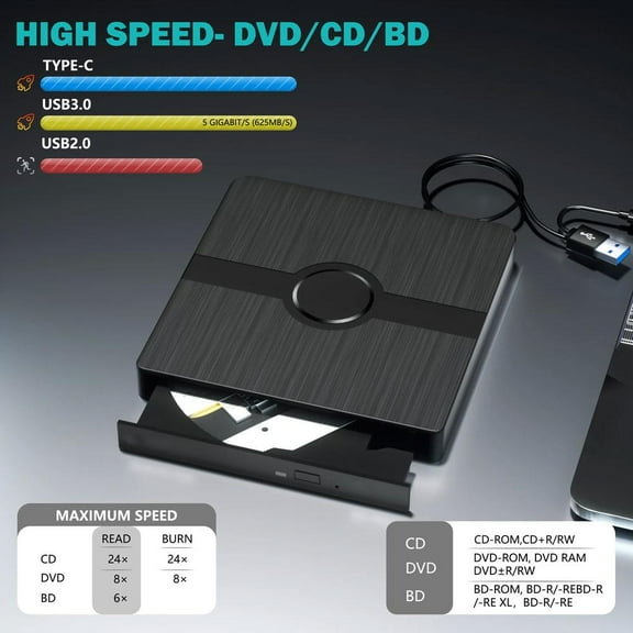 VIVIDCRAFT Black Usb External Optical Drive Dvd Burner 3.0 Type-C Mobile Optical Drive External Computer Universal Desktop