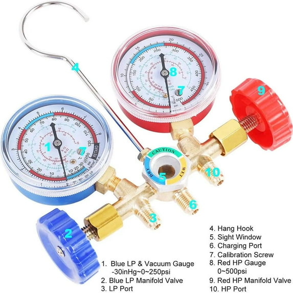 VIVIDCRAFT Set 4 Refrigerant Car Fluorine Adding Table Refrigerant Pressure Gauge Refrigerant Double Meter Valve Air Conditioning Fluorine Adding Tool Set